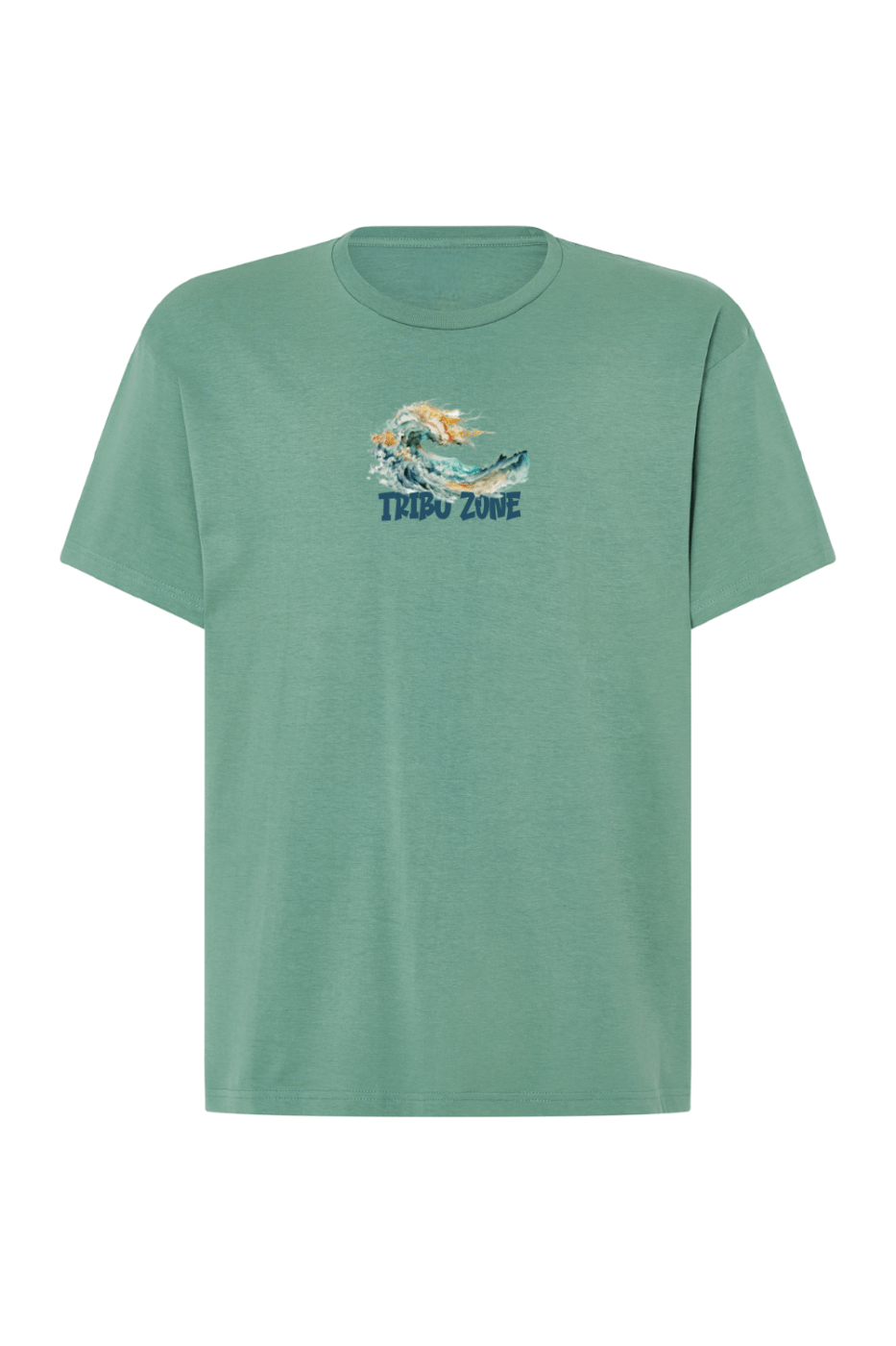 Camiseta Unisex verde musgo con tablas de surf, furgoneta y palmeras