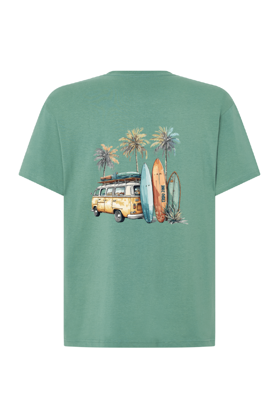 Camiseta Unisex verde musgo con tablas de surf, furgoneta y palmeras