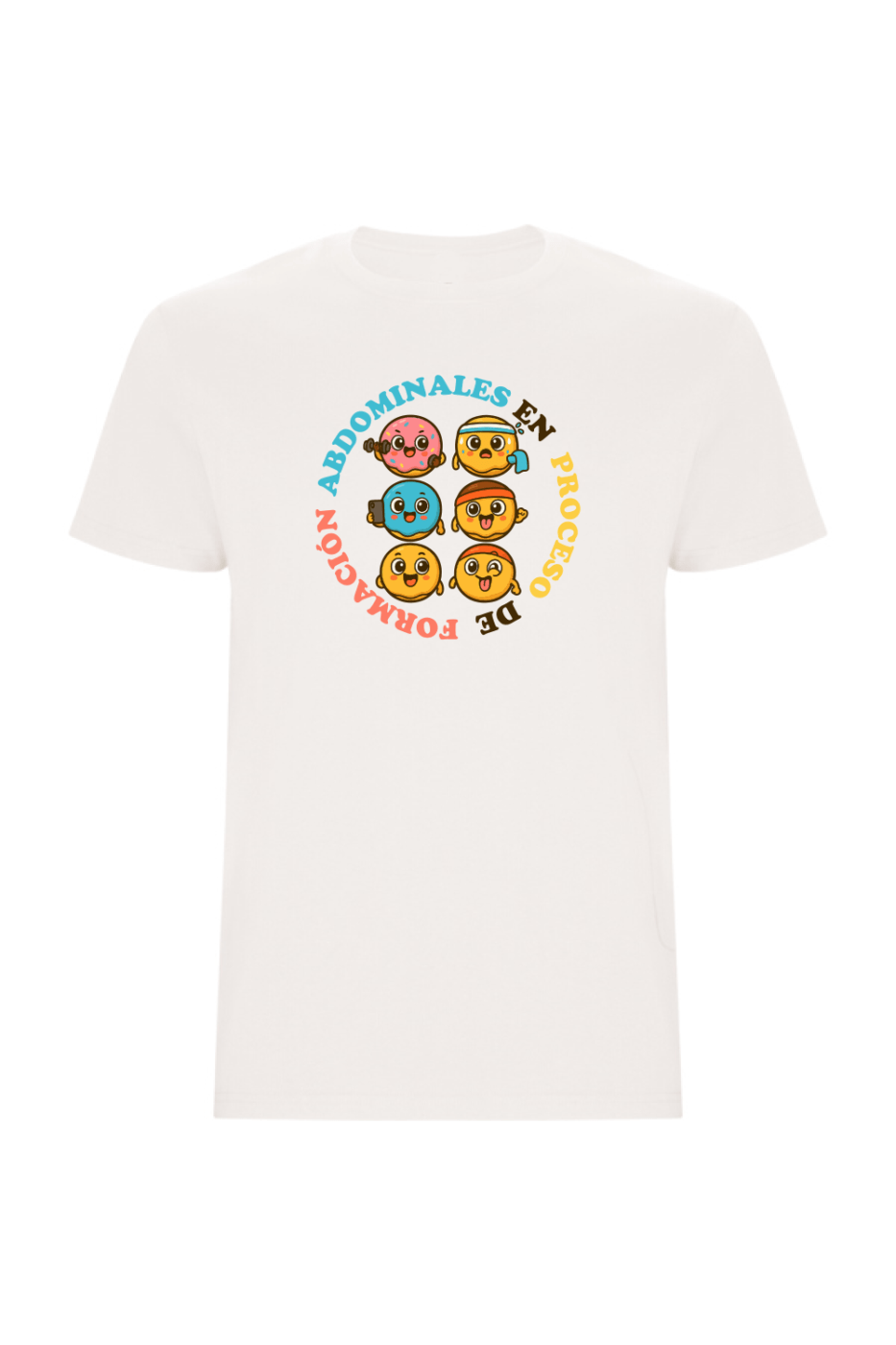 camiseta-tribu-zone-abdominales-en-proceso-blanco-vintage Camiseta Tribu Zone con un diseño divertido y colorido muestra seis caritas en forma de donuts con la frase “Abdominales en proceso de formación”, perfecta para quienes disfrutan la vida, porque los mejores abdominales también se hacen riendo.