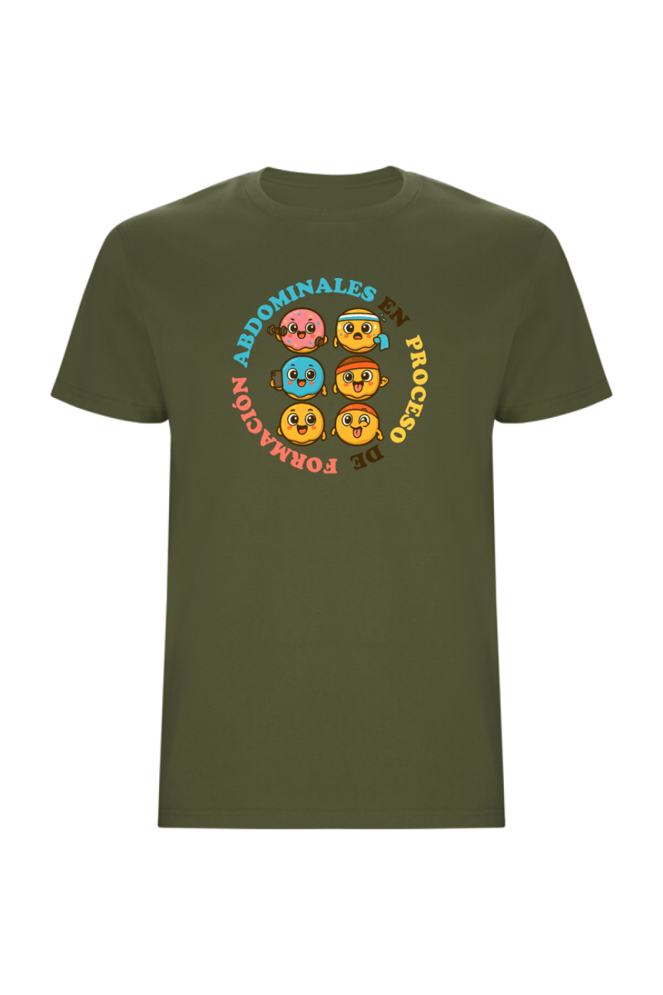 camiseta-tribu-zone-abdominales-en-proceso-verde-militar Camiseta Tribu Zone con un diseño divertido y colorido muestra seis caritas en forma de donuts con la frase “Abdominales en proceso de formación”, perfecta para quienes disfrutan la vida, porque los mejores abdominales también se hacen riendo.