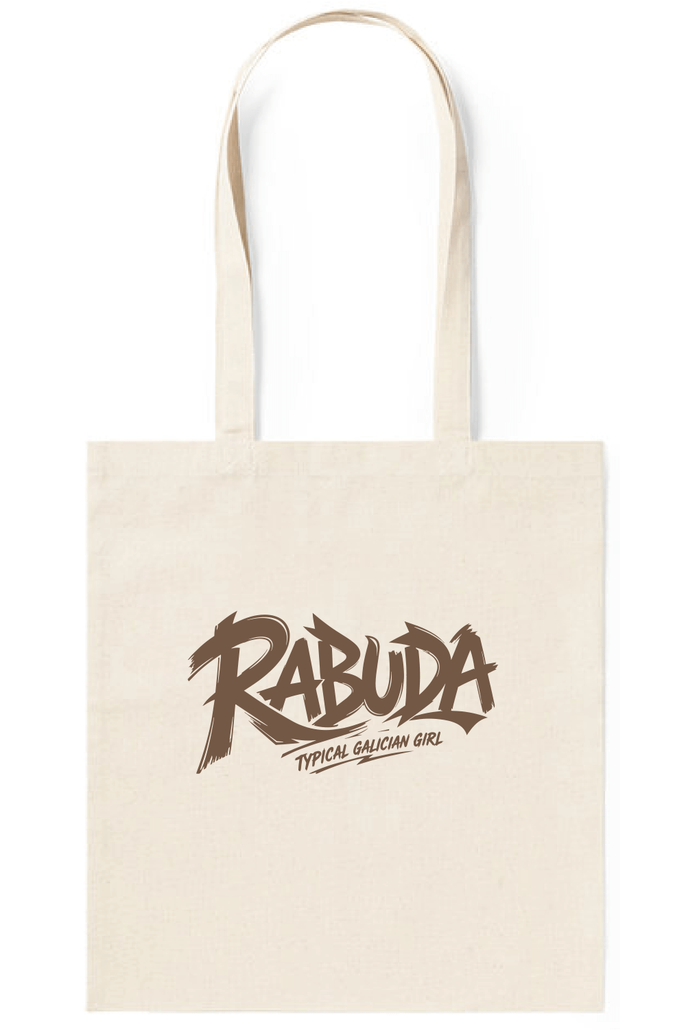 Bolsa tote de tela natural con diseño gallego RABUDA Typical Galician Girl. Bolsa reutilizable, cómoda y original, perfecta para el día a día, compras, playa o planes casuales. Diseño exclusivo de Tribu Zone, ideal para regalar o para lucir un complemento con carácter, humor y estilo gallego.