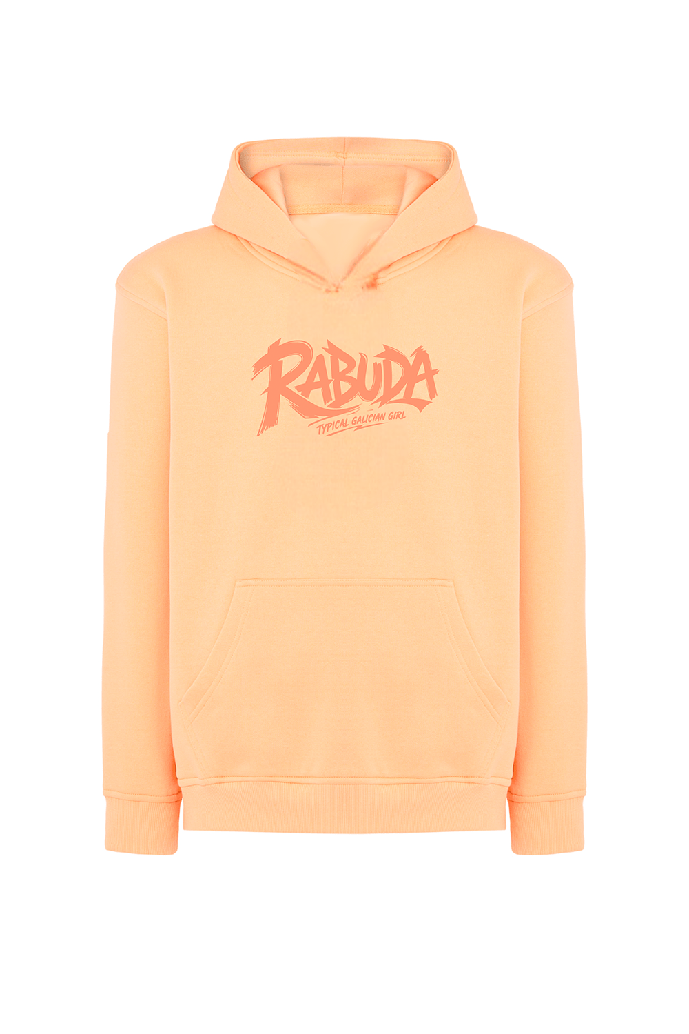 Sudadera con capucha para chica de corte unisex en color melocotón con diseño gallego RABUDA Typical Galician Girl. Una sudadera cómoda, original y con estilo urbano, perfecta para looks casuales y amantes de la moda gallega. Diseño exclusivo de Tribu Zone, ideal para regalar o para lucir una prenda con carácter, humor y personalidad.