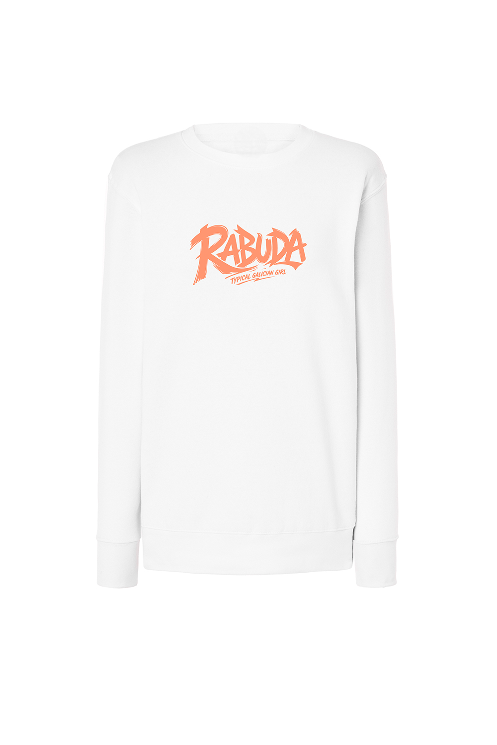 Sudadera blanca sin capucha para mujer con diseño gallego RABUDA Typical Galician Girl. Una sudadera cómoda, original y fácil de combinar, perfecta para looks casuales, estilo urbano y amantes de la moda gallega. Diseño exclusivo de Tribu Zone, ideal para regalar o para vestir con carácter, humor y personalidad.