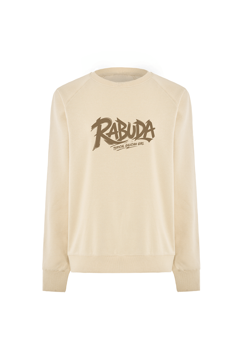 Sudadera ranglán beige para mujer con diseño gallego RABUDA Typical Galician Girl. Sudadera sin capucha cómoda, original y con estilo urbano, perfecta para looks casuales y amantes de la moda gallega. Diseño exclusivo de Tribu Zone, ideal para regalar o para lucir una prenda con personalidad, humor y carácter gallego.
