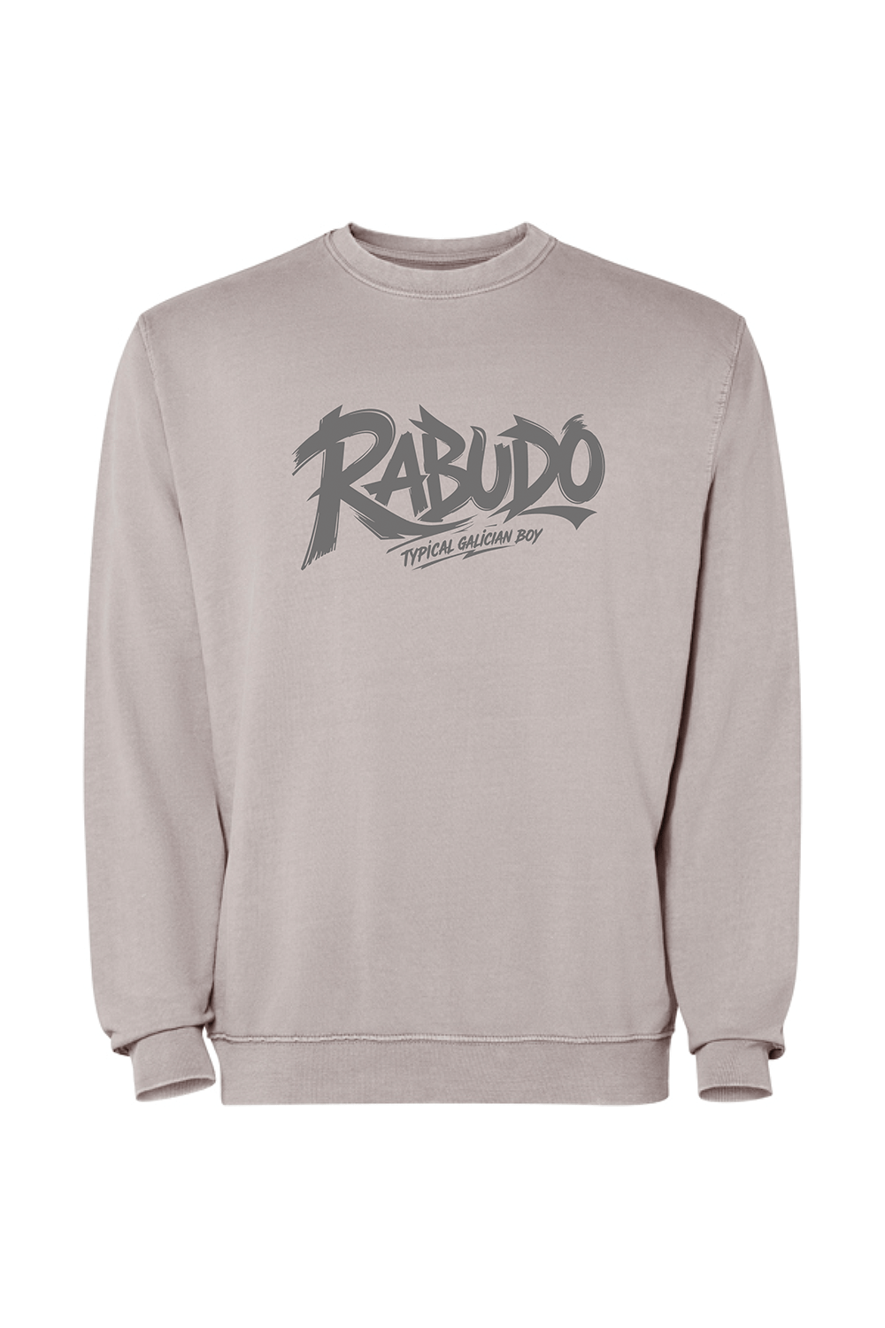 Sudadera Rabudo Typical Galician Boy sin capucha, sudadera gallega de cuello redondo en color gris/taupe, con diseño urbano y toque de retranca. Ideal para regalo, moda casual y amantes del estilo gallego.