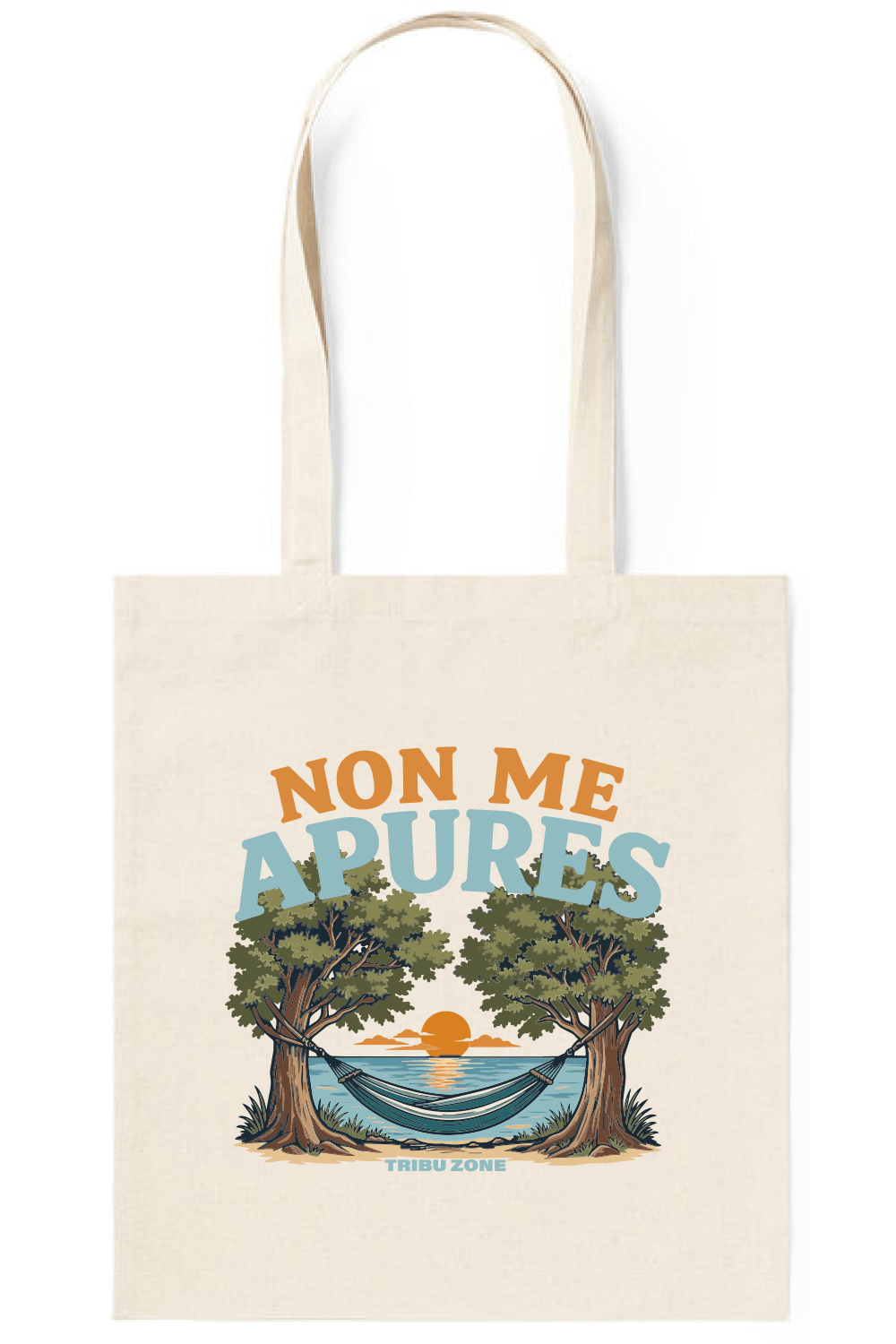 Bolsa tote Tribu Zone con diseño Non Me Apures y Non Hai Presa. Una bolsa original con inspiración gallega, naturaleza y estilo para el día a día.