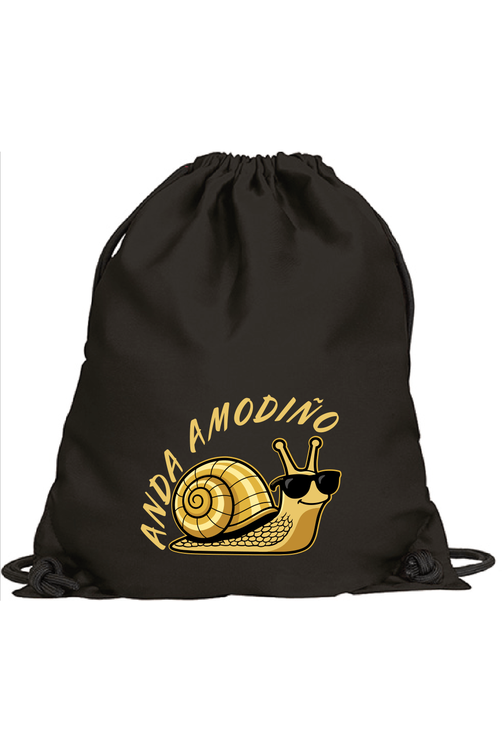 Mochila saco Anda a Modiño de Tribu Zone con divertido diseño de caracol. Un accesorio práctico, original y con auténtico humor gallego.