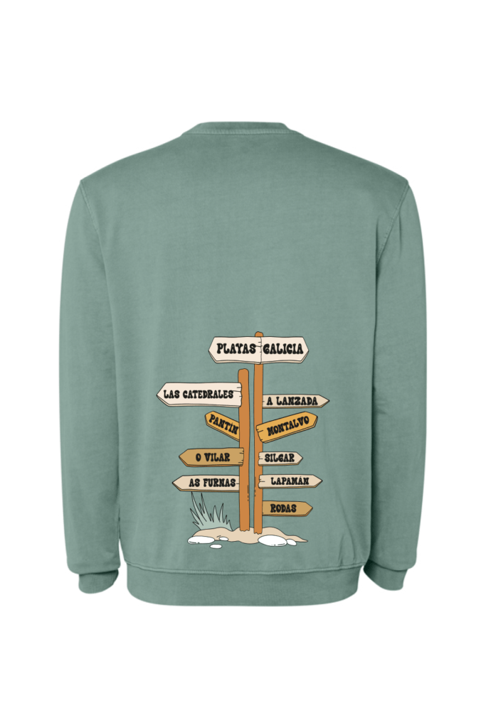Sudadera unisex sin capucha Playas de Galicia de Tribu Zone, con diseño surfero y algunas de las playas gallegas más emblemáticas.